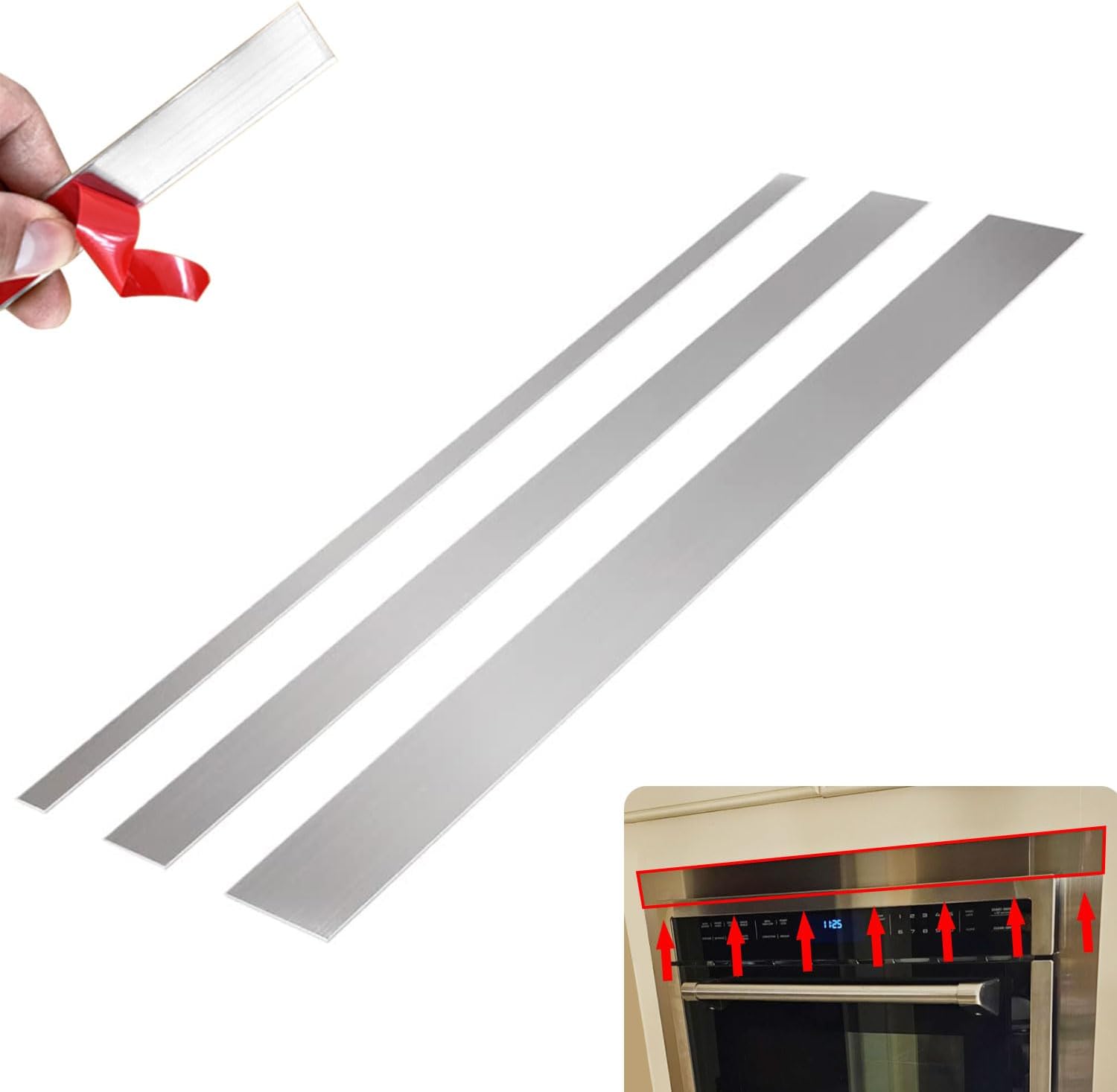 LIANJINGDUNG 3-Pack Stainless Steel Gap Filler, 30"L 1"/2"/3"W 20Ga Self-Adhesive Metal Trim Strip for Oven, Microwave, Range, Cooktop Cover