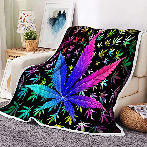 Cool Trippy Weed Throw Blanket Neon Tie Dye Marijuana Leaf Cannabis Art Fleece Blanket Colourful Soft Flannel Throw Blanket for Chair Bed Sofa Couch 50X60IN