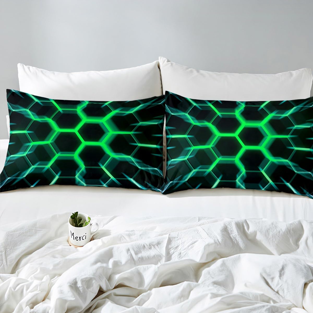 Homewish Honeycomb Bedding Set Black Green 3D Geometric Beehive Hexagon Duvet Cover King Gamer Room Decor for Boys Kids Men,Neon Light Geometrical Honeycomb Comforter Cover Glowing Hexagonal Bed Set - Image 4