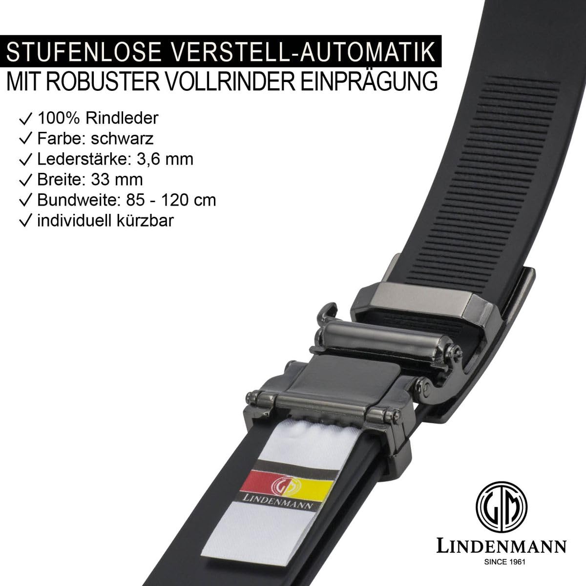 LINDENMANN Leder-Gürtel HerrenAutomatik 32 mm Rindleder schwarz