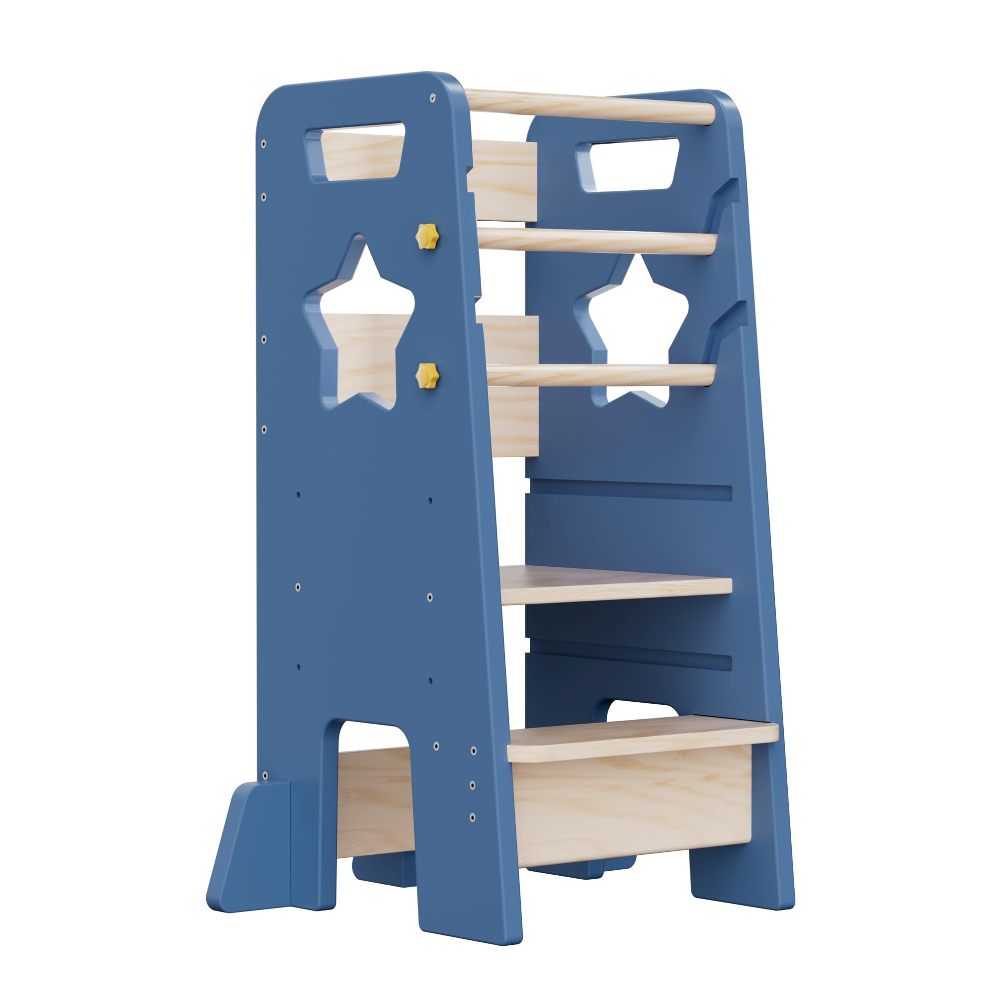 Toddler Standing Tower, Montessori Kids Step Stool with 3 Levels Adjustable Height, Wooden Kitchen Stool Helper with Removable Safety Bars, Mist Blue