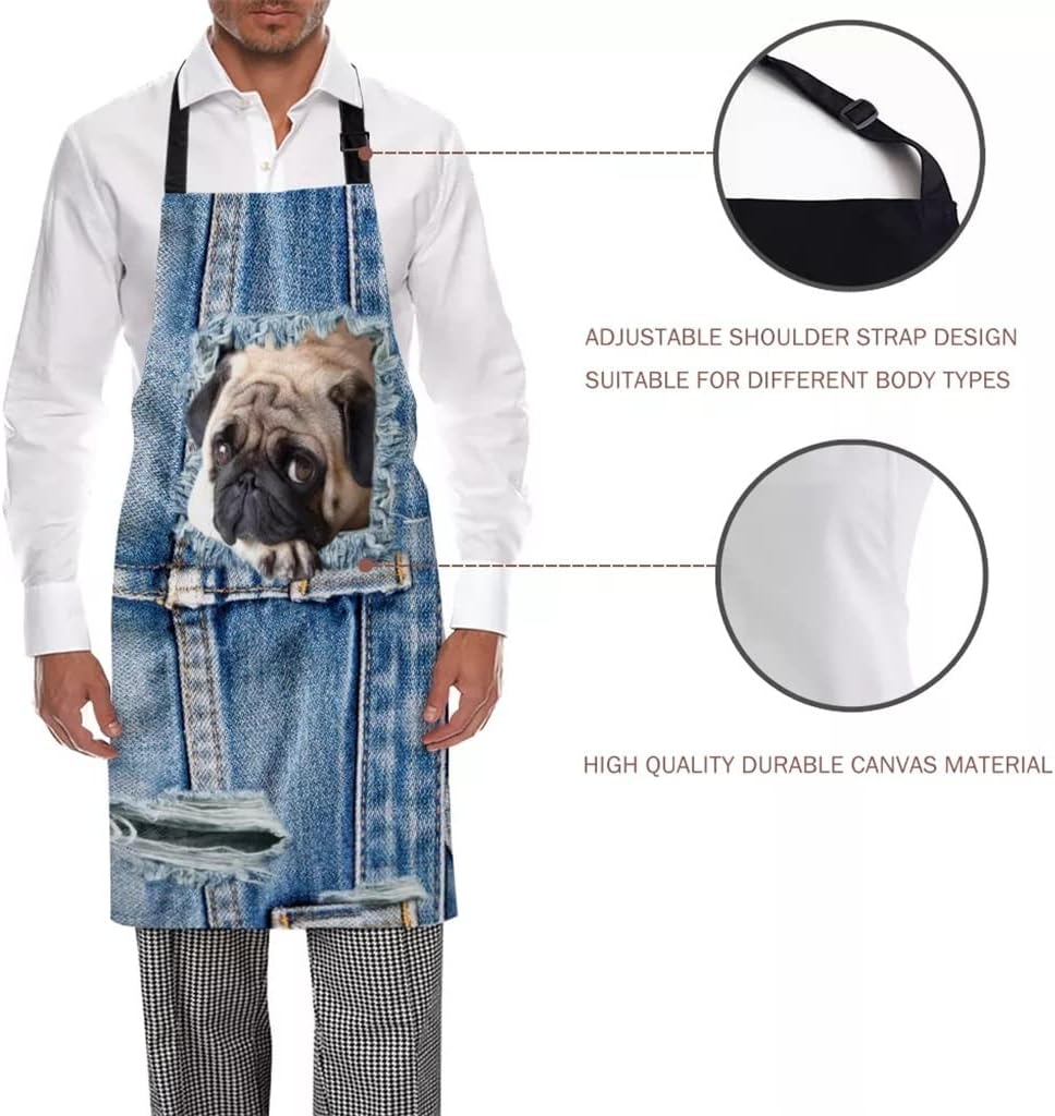 Funny Apron Cowboy Hole Pug Dog Kitchen Aprons for Women Man Kids Home Cooking Baking Waist Bib Use