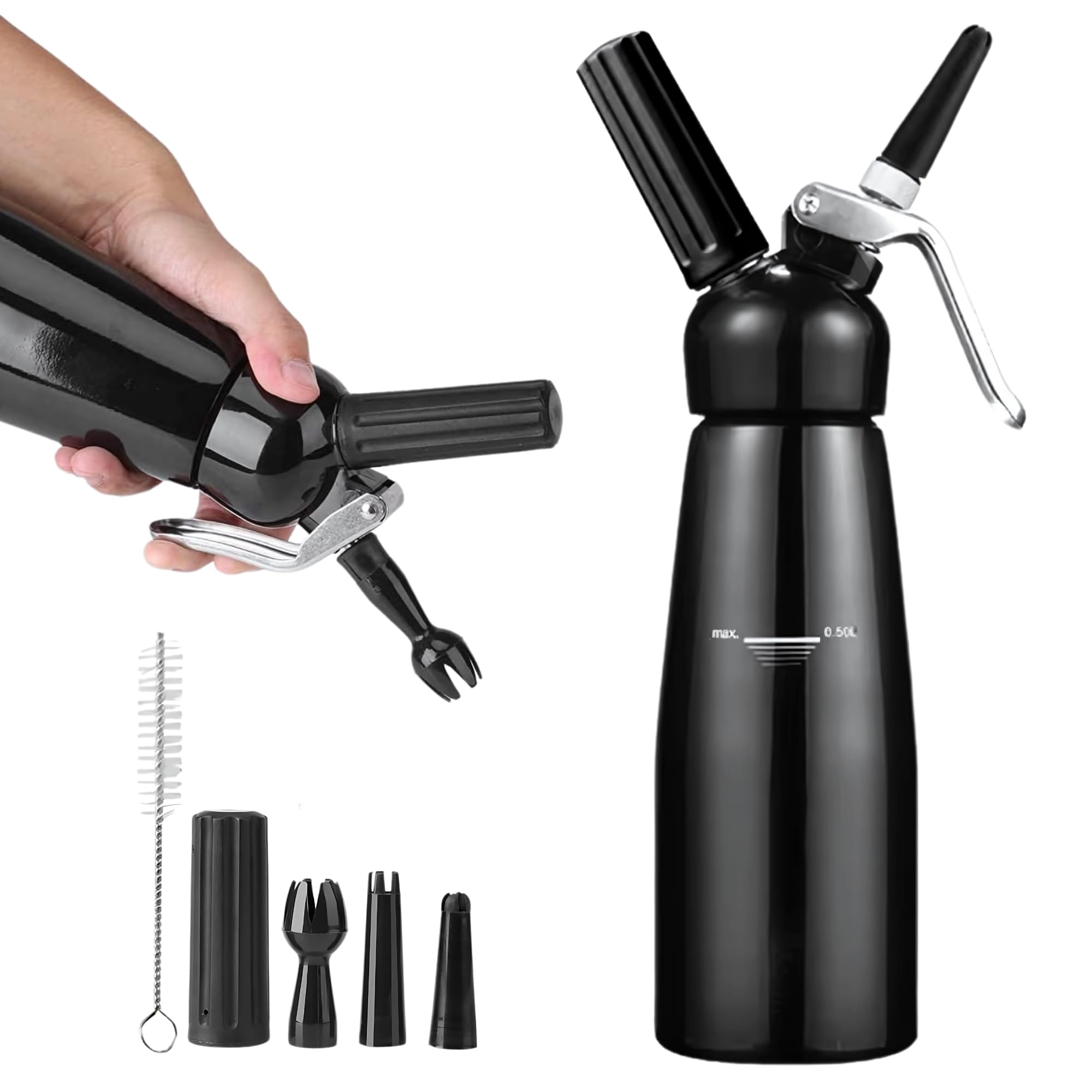 500ml Whipped Cream Dispenser, 3 Decor Tips Whipped Cream Spray Bottle Gun | Auto Whip Cream Machine, 3 Decoration Nozzles, Cleaning Brush, Whipping Cream Spray Maker Can for Coffee, Cakes and Desserts-image-4