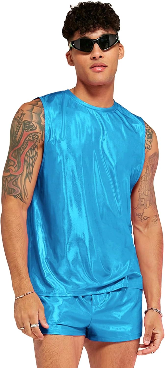 WDIRARA Men's 2 Piece Outfit Metallic Round Neck Sleeveless Tank Top and Drawstring Pocket Shorts