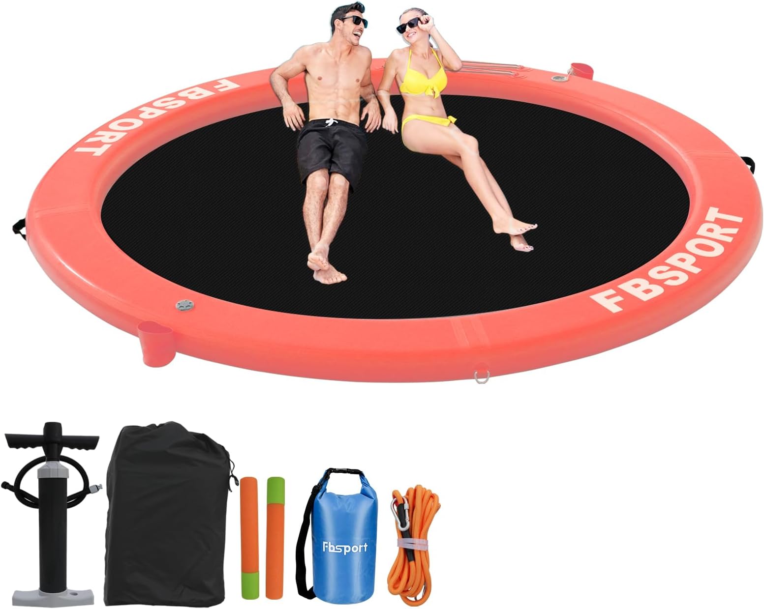 FBSPORT Inflatable Dock Floating Platform, 8ft Inflatable Water Hammock Floating Deck for Lake W/Cupholder, Round Floating Ring Sunchill Float Ring, Pool Float Raft Lounger Island Platform Pad