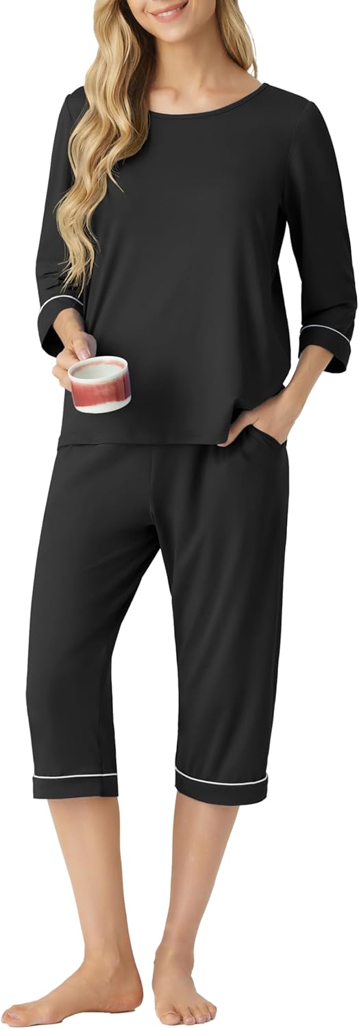 PrinStory Women's Pajama Set Capri Pjs Sets 2 Piece Soft Lounge Sets Sleepwear with Pockets
