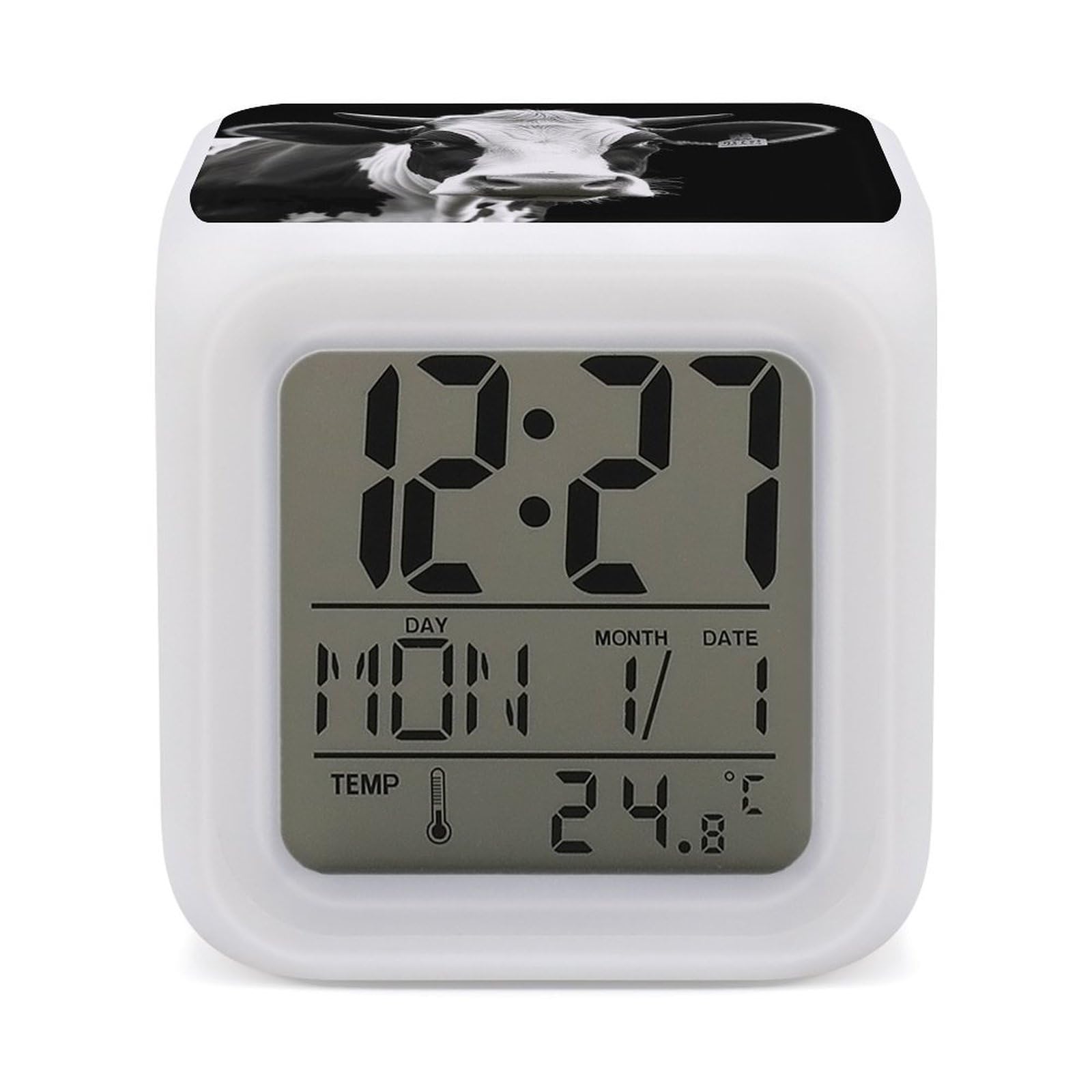 VstaDank Animal Funny Cow Head Black White Digital Alarm Clock LED Display Screen Color Change Alarms Clock Smart Alarm Clock Wake Up Digital Clocks with 7 Color Nightlight for Bedroom