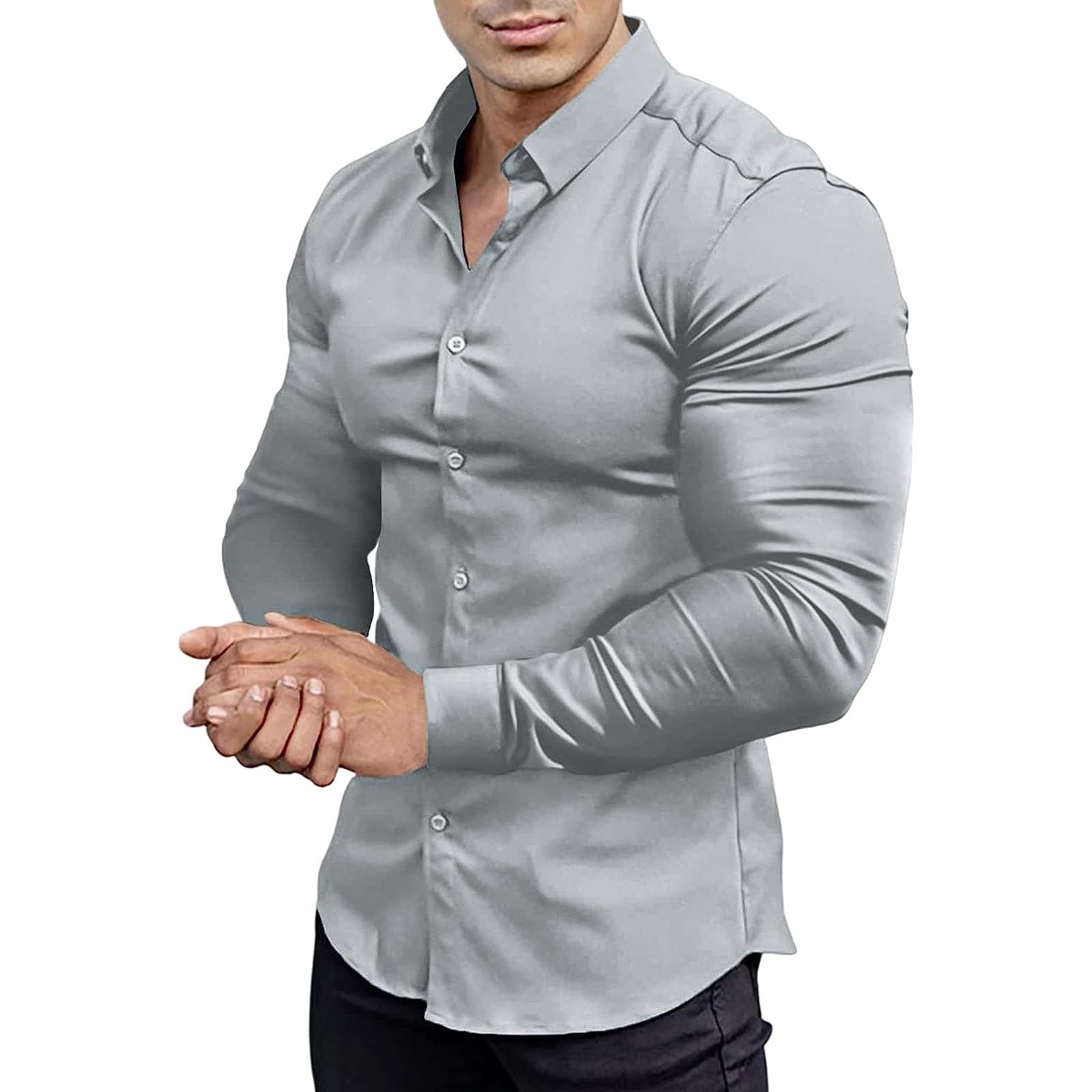 Mens Muscle Fit Dress Shirts Workout Slim Fit Long Sleeve Stretch Shirt Classic Casual Button Down Shirt