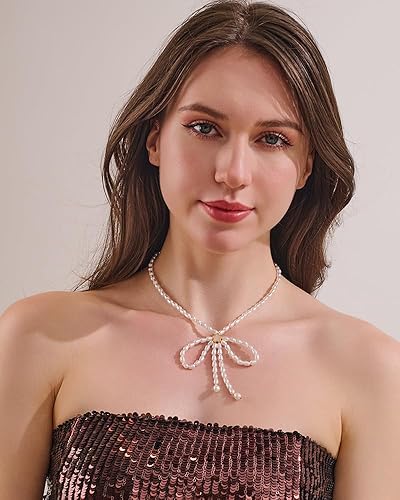 Miniatura 4 de Collar de lazo de oro para mujer, lindo colgante de lazo hinchado con cadena de serpienteperlas, delicado collar de oro, elegante, regalo de joyería