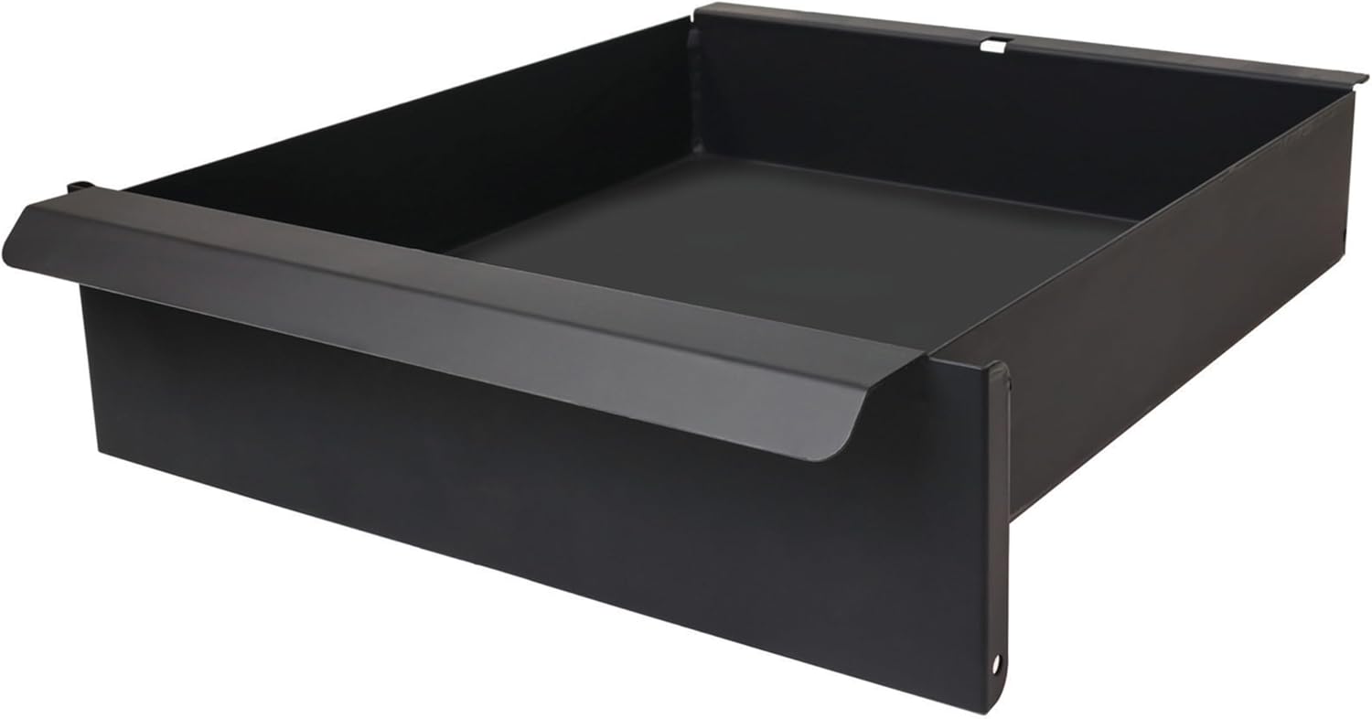 A black metal ash pan, designed to collect ashes from the wood stove.