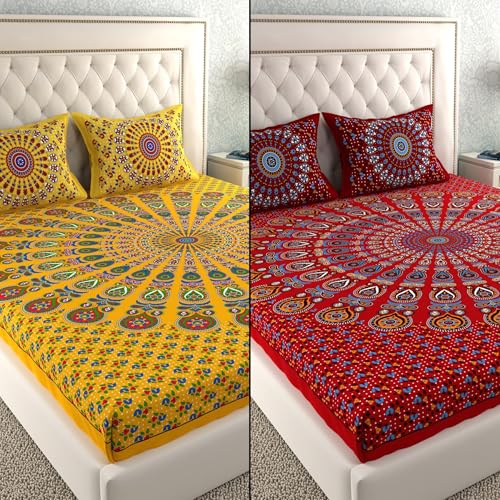 Image of LA VERNE Combo Pack of 2 Double Bedsheet with 4 Pillow Covers | Cotton Double Flat 104 TC Geometric Bedsheet 240 X 220 CM