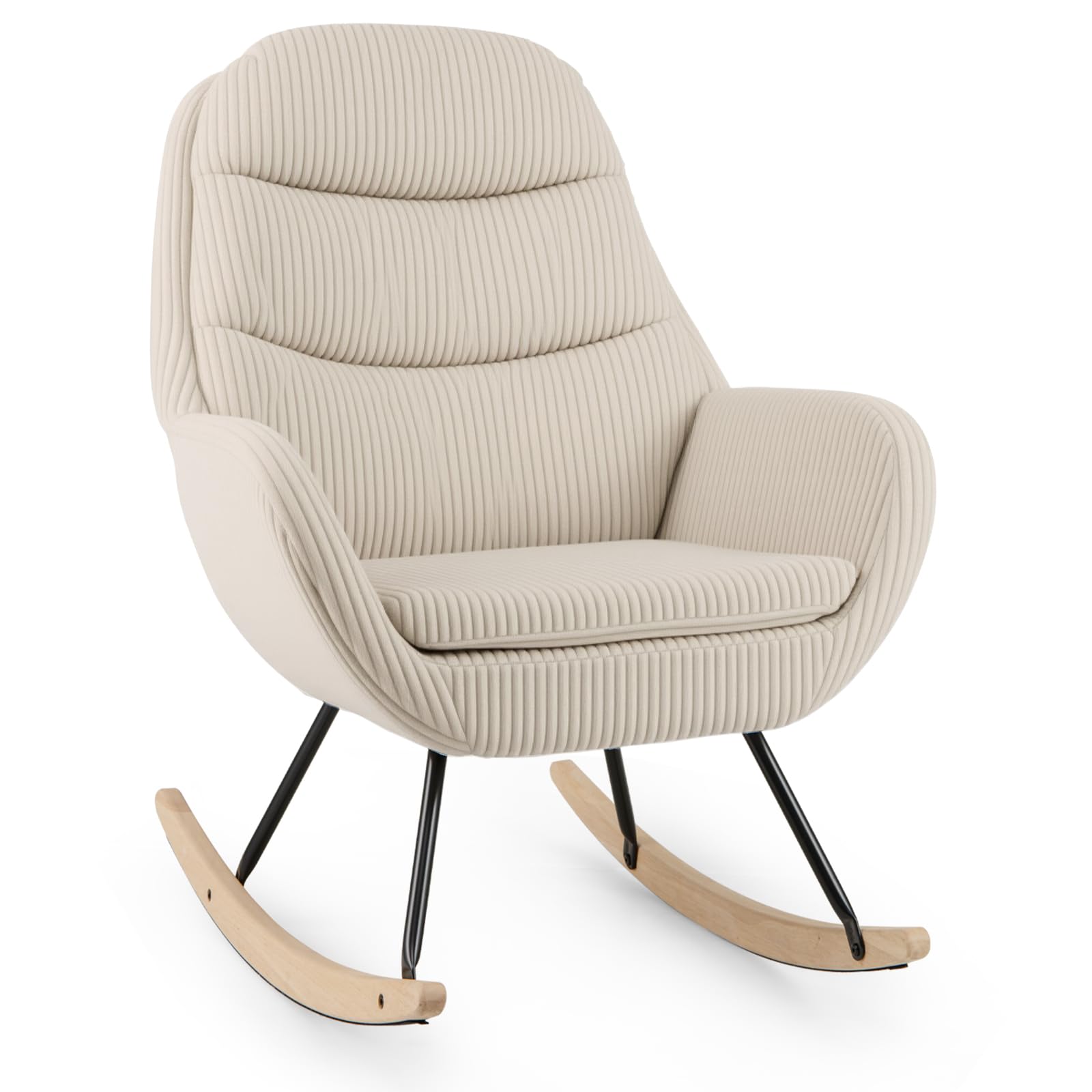 COSTWAY Relax Rocking Chair, Corduroy Fabric Upholstered Rocker Accent Chair with Rubber Wood Legs, Modern Padded Nursing Seat Comfy Lounge Reading Armchair for Nursery Living Room Bedroom, Beige