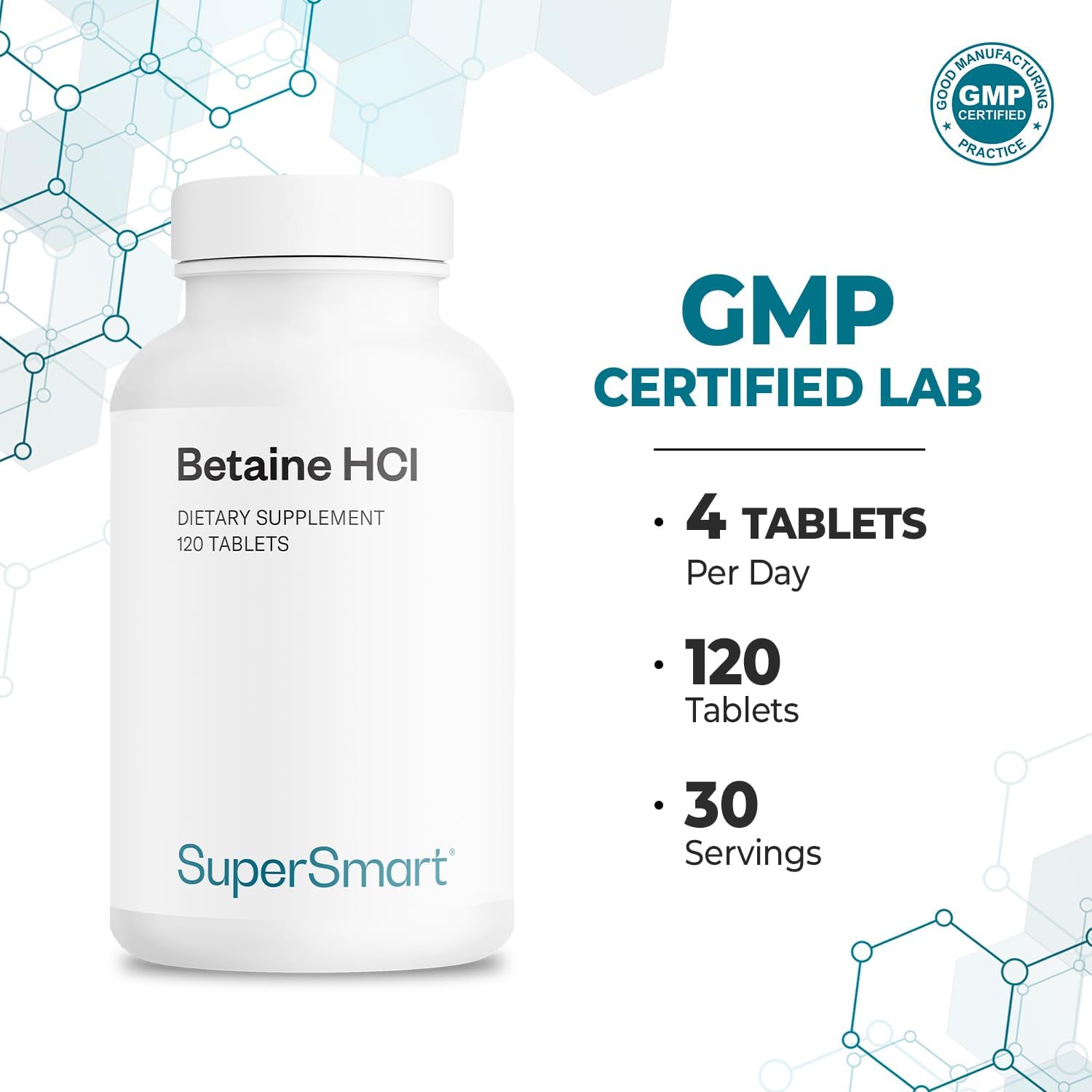 Supersmart - Betaine HCI 2600 mg Per Day - Hydrochloric Acid Formula for Healthy Digestion - Natural Source of Gastric Acidity | Non-GMO & Gluten Free - 120 Tablets