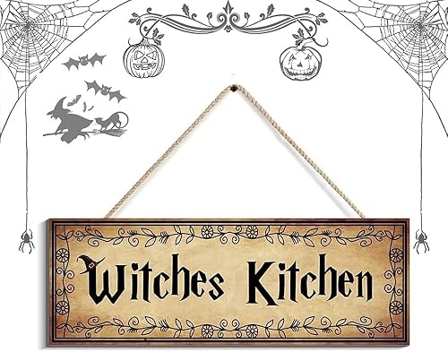 Creoate Letrero de cocina de brujas, decoración de pared para el hogar, decoración de cocina de Halloween, decoración vintage de madera para colgar