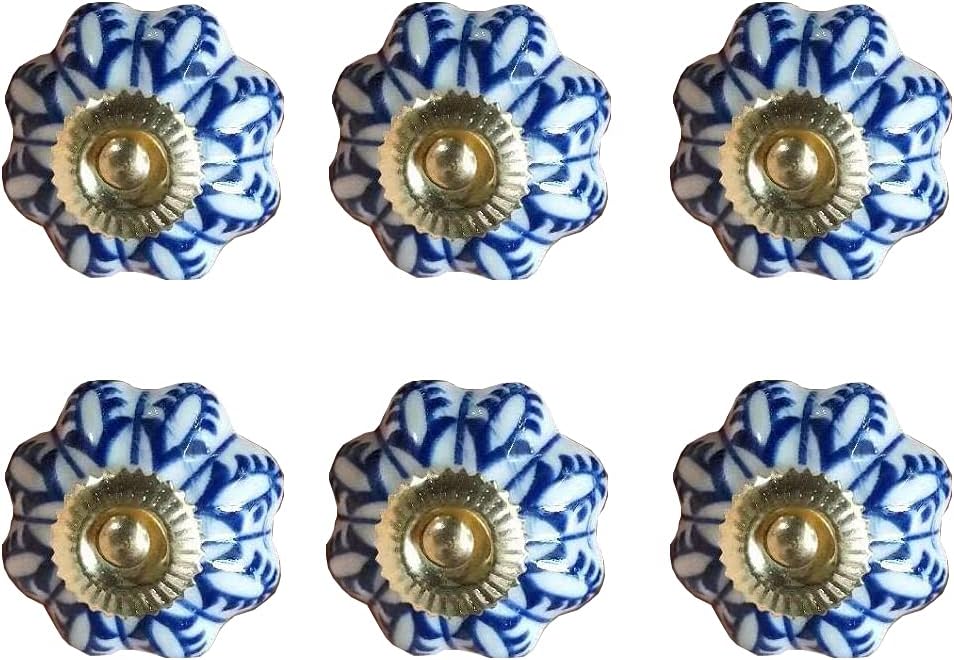 Set of 6 Ceramic Knobs for Kitchen Cabinet Drawer Knobs Blue and White Painted Handles Bathroom Cabinet Furniture Dresser Drawer Knobs and Pulls (6, Gold)