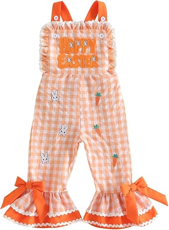 Toddler Girls Easter Overalls Plaid Bunny Print Letter Embroidery Sleeveless Bell Bottom Romper