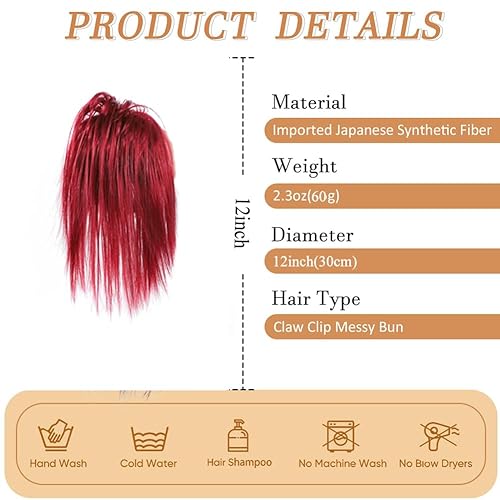 Miniatura 2 de VipLaguide 3 piezas de moño desordenado rojo con clip de garra para el cabello, moño, extensiones de moño de cabello, moño ondulado, rizado, clip de