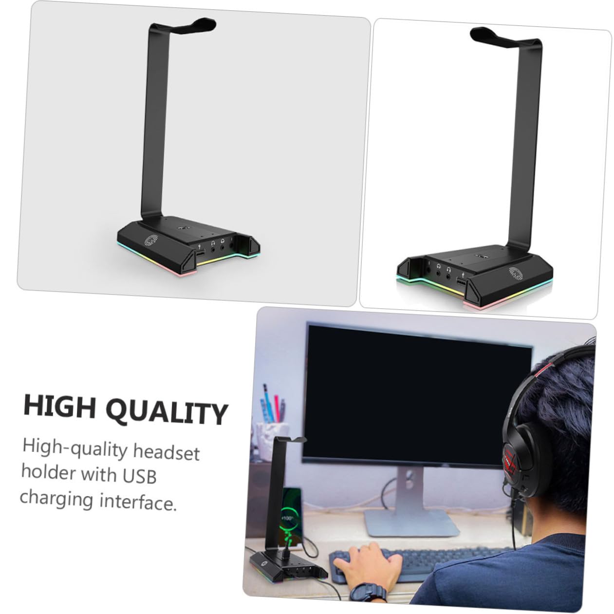 OUNONA Supporto Cuffie Gaming da Scrivania Nero Abs Base Rgb | Interfaccia Usb, Struttura Portatile, per Cuffie e Telefono, Accessorio da Tavolo per Setup Desktop