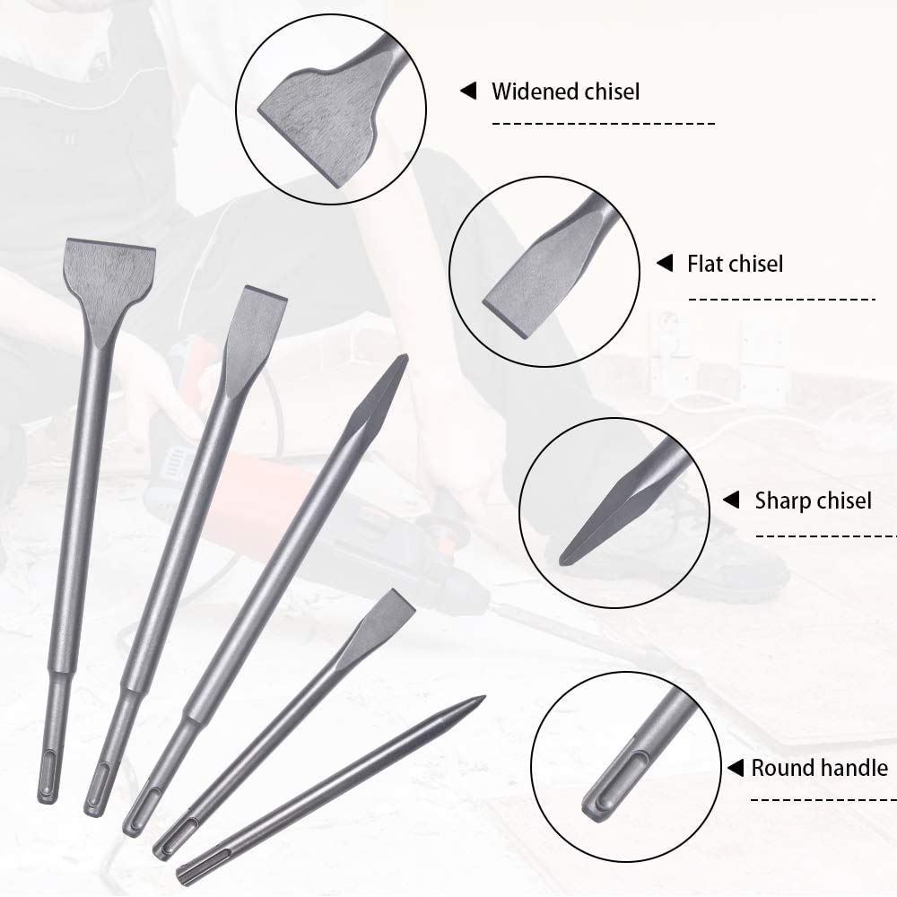 flintronic Set di 5 scalpelli SDS Plus, 2scalpello a punta e 3 piatti, grande strumento di perforazione per calcestruzzo e piastrelle