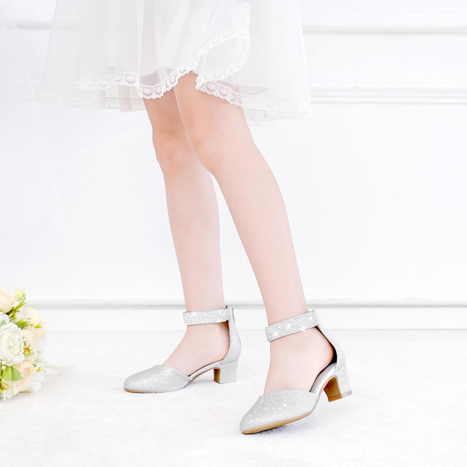 LAURMOSA Girls Dress Shoes with Rhinestone Ankle Strap Closed Toe High Heels for Little Big Kids Wedding Party