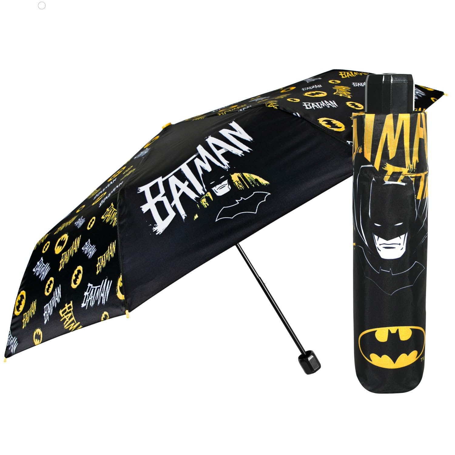 PERLETTI Batman Kompaktowa Parasolka dla Dzieci Solidny Czarny Biały Żółty - Mini Parasol Składany Wiatroodporny Podróżny Kieszonkowy Odporny do Szkoła - Manualny System Otwierania - Średnica 91 cm
