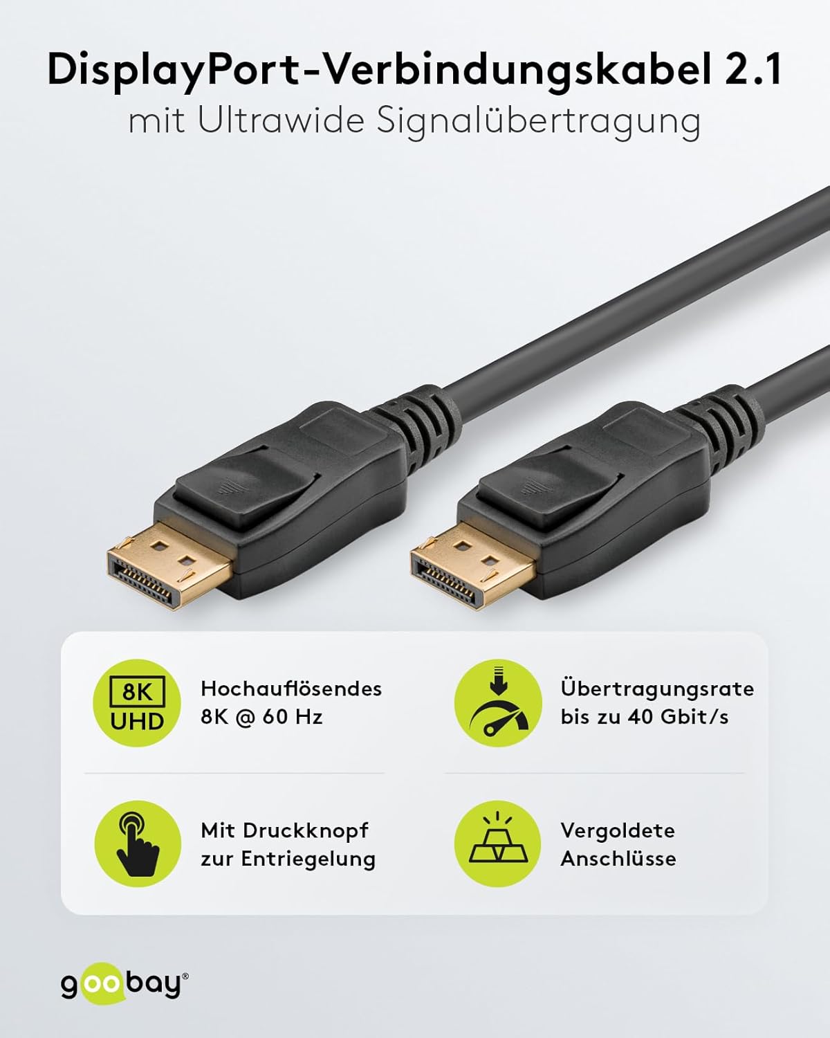 Goobay 64857 DisplayPort Cable 2.1 / 8K Resolution at 60Hz / Connection Cable Suitable for Gaming PCs / PS5 / Shielded / 1M
