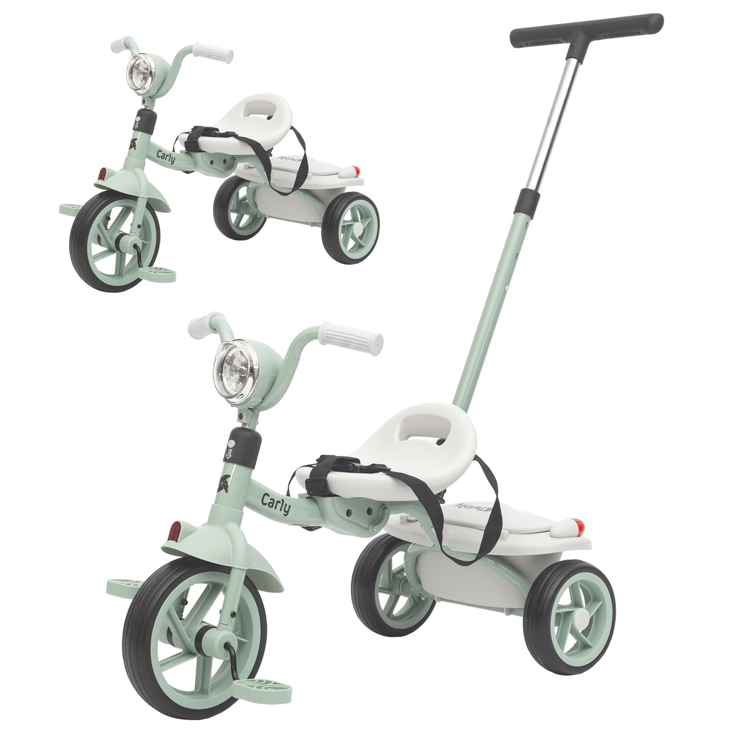 Twinly Triciclo Evolutivo per Bambini Pieghevole per bambini 1-5 Anni - Triciclo per Bambini Leggero e Compatto - Manubrio con Luce e Suono, Cestino e Barra di Spinta Regolabile Carly (Menta)