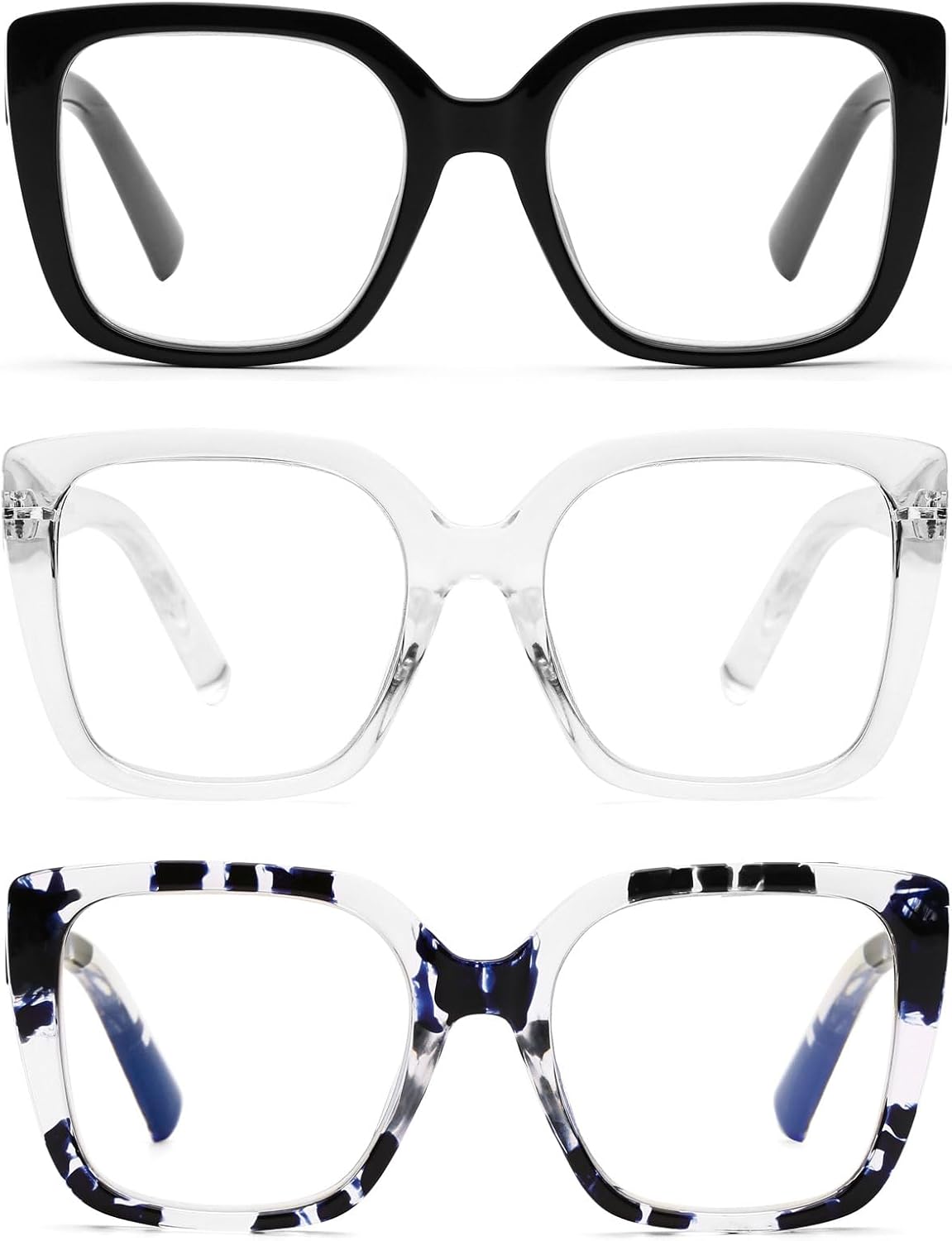 DOOViC 3 Pack Oversized Reading Glasses for Women Blue Light Blocking Square Stylish Computer Readers