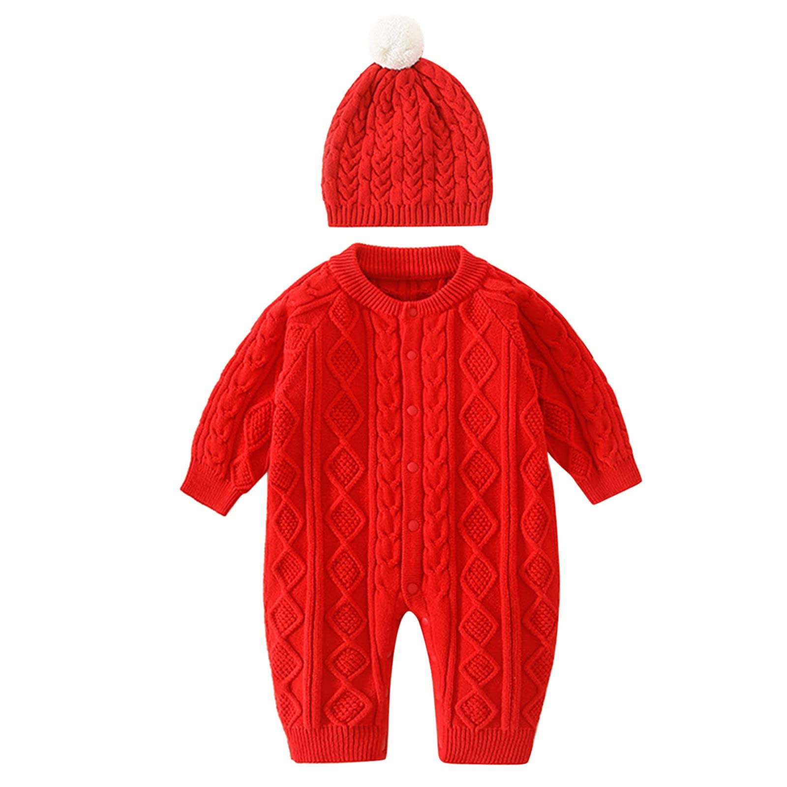 RNTOP Baby Girl Boy Sweater Romper Cable Knit Jumpsuit Infant Crewneck Solid Color Bodysuit with Hat (Red, 9-12 Months)