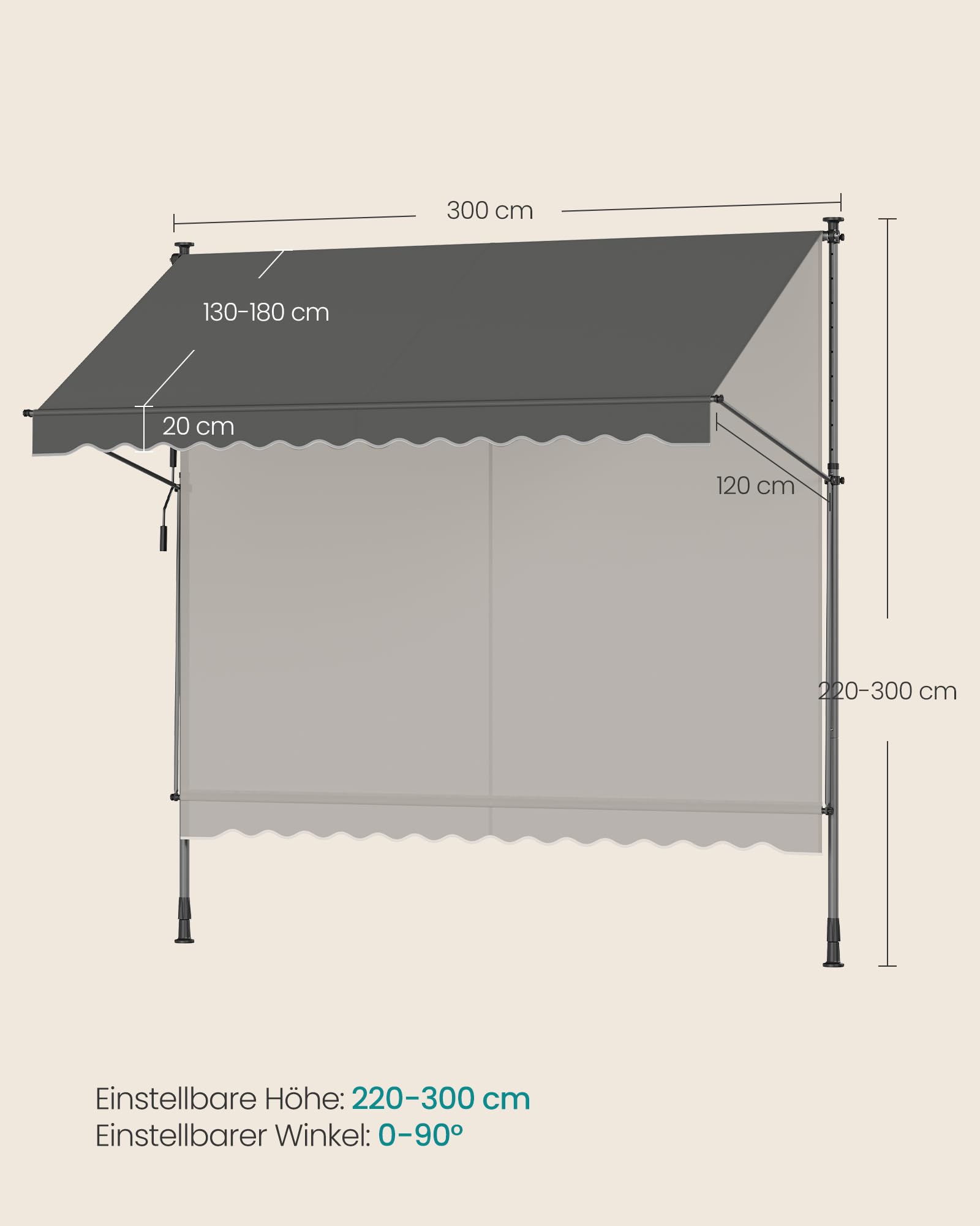 SONGMICS Klemmmarkise 300 x 120 cm höhenverstellbar mit Handkurbel anthrazit