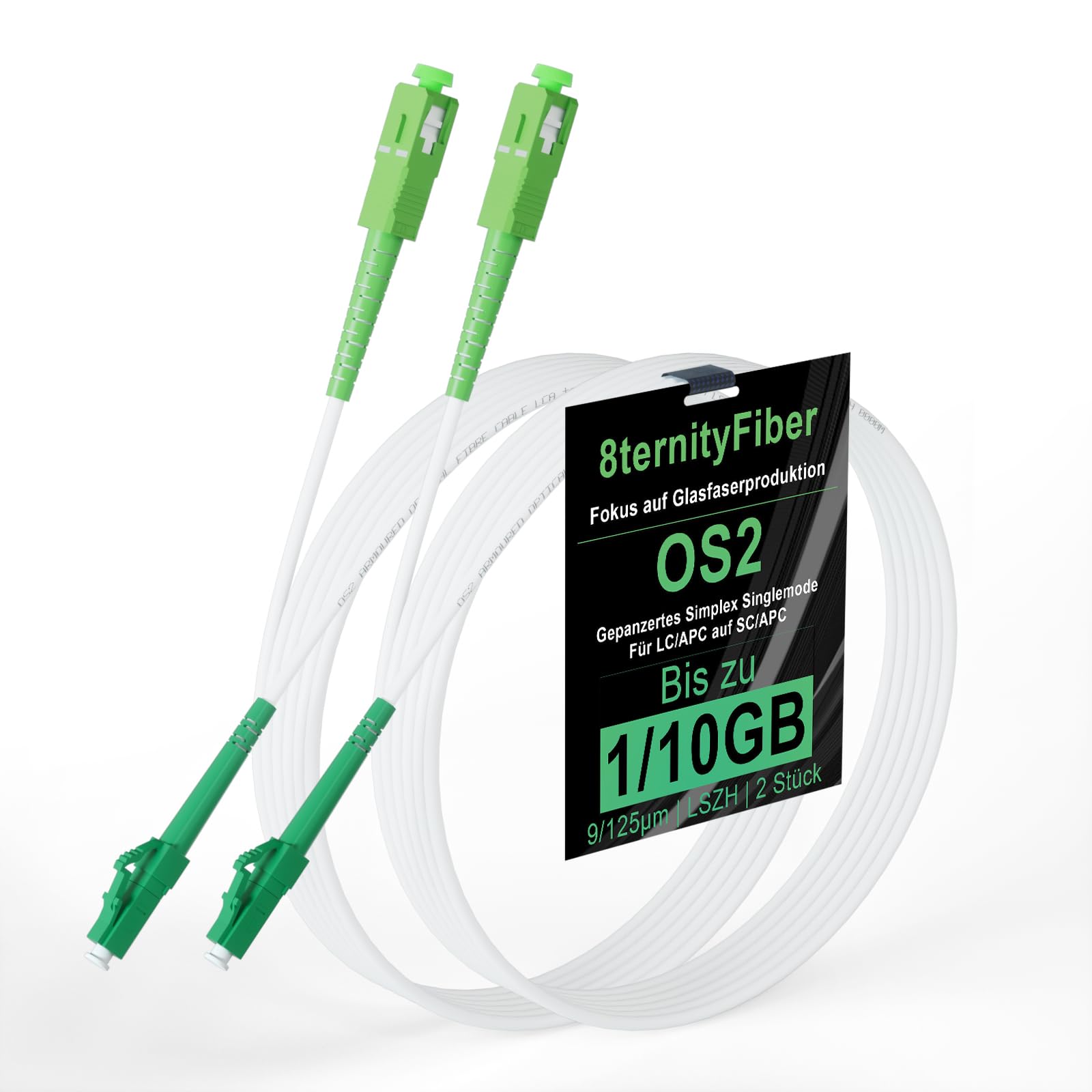 8ternityFiber LWL Patchkabel LC/APC auf SC/APC 3 m/10 ft, OS2 Gepanzertes Glasfaserkabel Singlemode Simplex 9/125 μm für FTTH, Längenoptionen: 1 m-50 m, OD: 3 mm LSZH Weiß-2 Stück