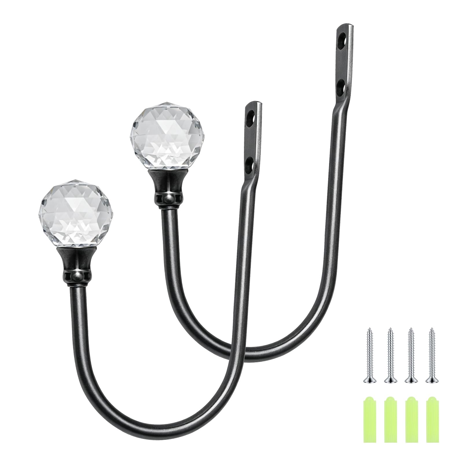 Qaixwuyi 2 Stück Kristall Vorhang Raffhalter Haken Schwarz Metall Gardinenhalter mit Kristallkugel U-Form Holdbacks Tiebacks mit Schrauben Dehnungsrohren