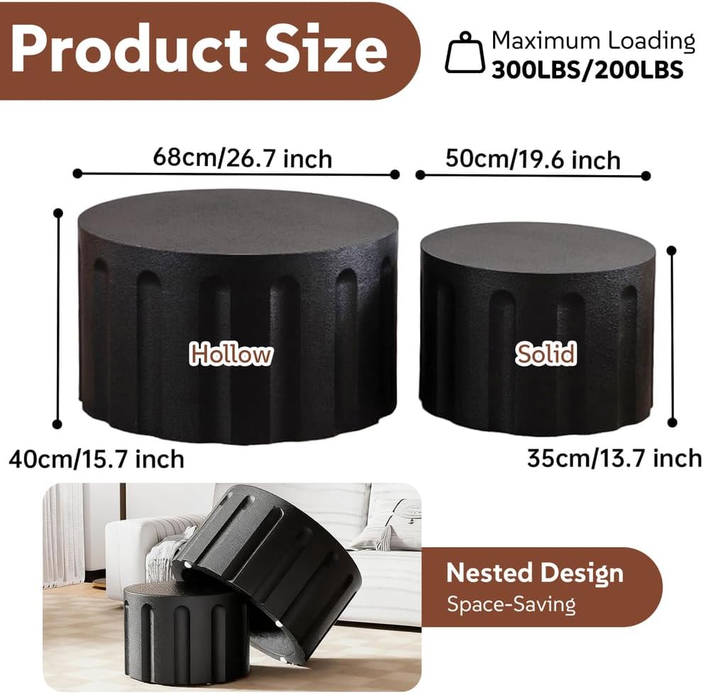 Round Nesting Coffee Table Set of 2 for Living Room, Modern Fluted Coffee Tables and End Table Sets Drum Circle Side Tables for Small Spaces Bedroom Balcony Office No Assembly Required,Black