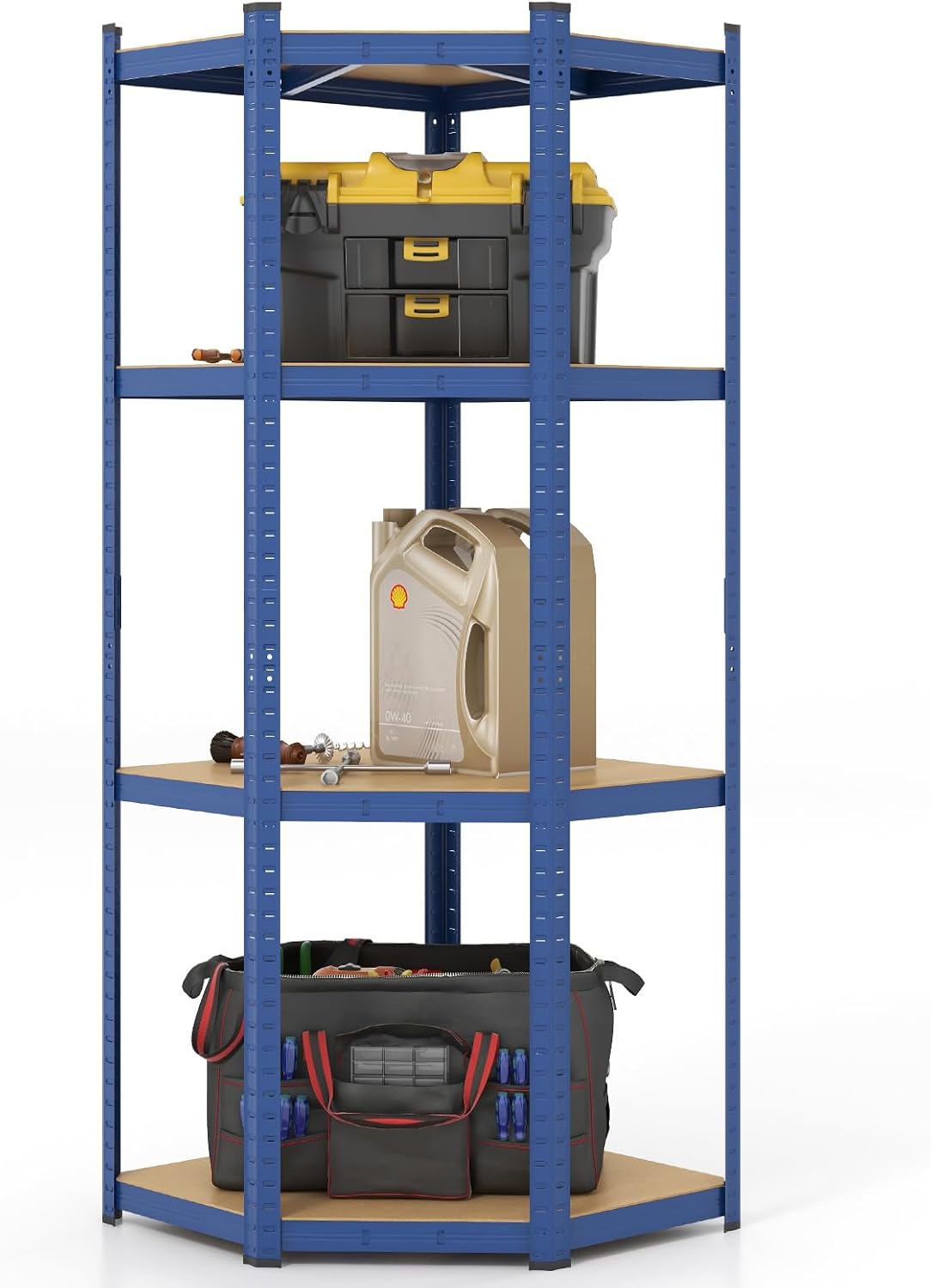 Scaffale ad Angolo a 4 Ripiani, Scaffalatura Regolabile per l'Archiviazione in Garage, Mensola Metallica Resistente, Carico 720 kg per Magazzino Dispensa e Cucina (Blu)