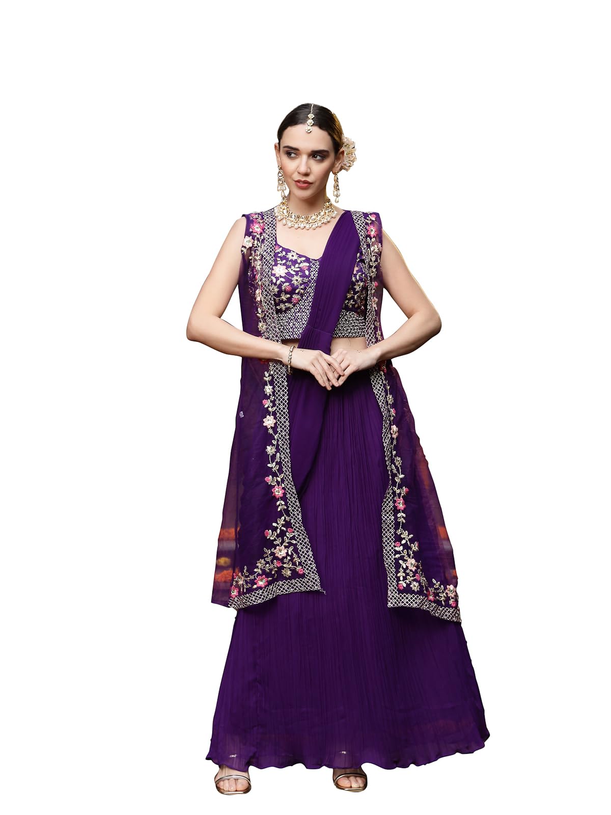 stylum Women's Printed & Embroidered Georgette Draped Readymade Lehenga Choli With Jacket-picture-47