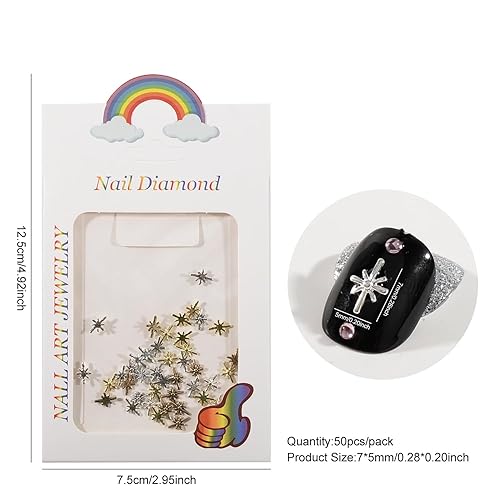 Miniatura 8 de Pendientes de uñas de estrella de plata dorada 3D, decoraciones de arte de uñas con remaches de metal en forma de estrella y joyas de piedras
