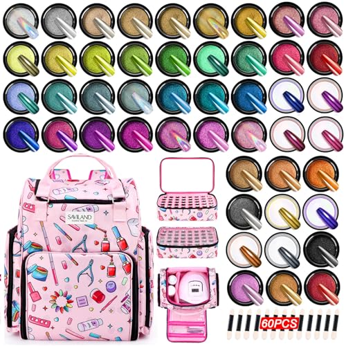 Saviland 48 Colors Mirror Effect Chrome Nail Powder Set &