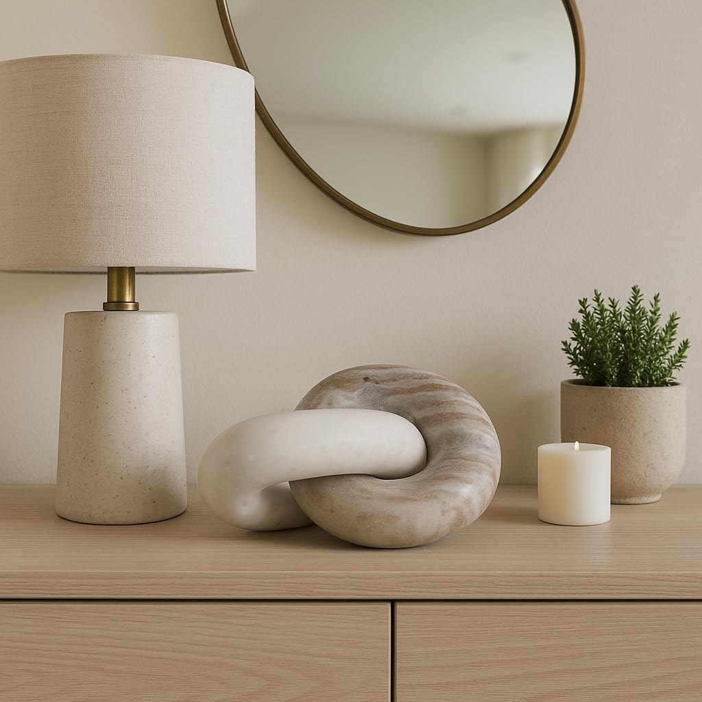 Decorative Marble Double Ring Chain Sculpture for Home Decor - Ornament Sculpture for Coffee Table, Shelf, and Living Room Decor - Modern Statue for Bedroom, Bathroom, and Office - 4", Ivory & Tan