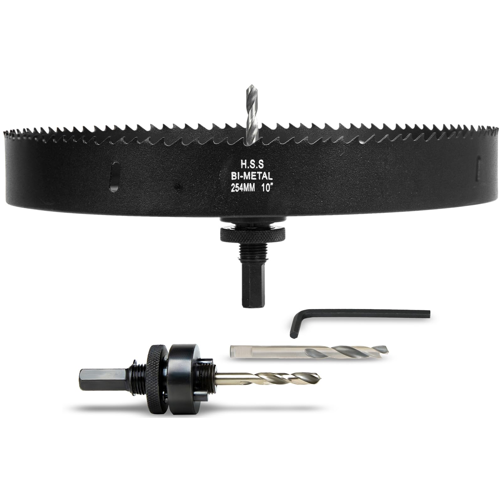 10 inch hole saw with arbor for wood metal plastic, 10 in bimetal hole cutter, fast chip removal, smooth flat drilling edge, lightweight & portable (black)