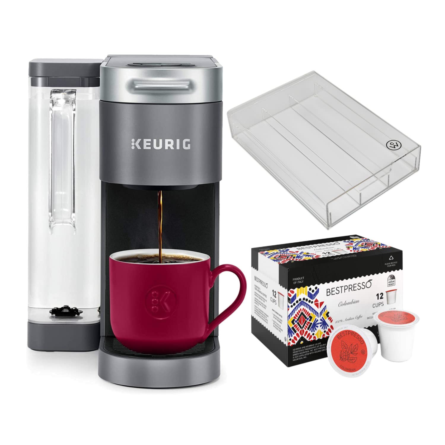 KeurigK-Supreme Plus Smart Single-Serve Coffee Maker Bundle with Acrylic Coffee Pod Organizer for K-Cup Capsules (15 Pods) and 12-Count Breakfast Blend Arabica Coffee Single-Serve K-Cup (3 Items)