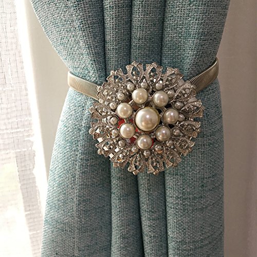 LianLe 1 Stück Vorhang Raffhalter Magnetisches Band Binden Luxuriös Strass mit Federstahldraht Holdbacks Tiebacks (Silber)