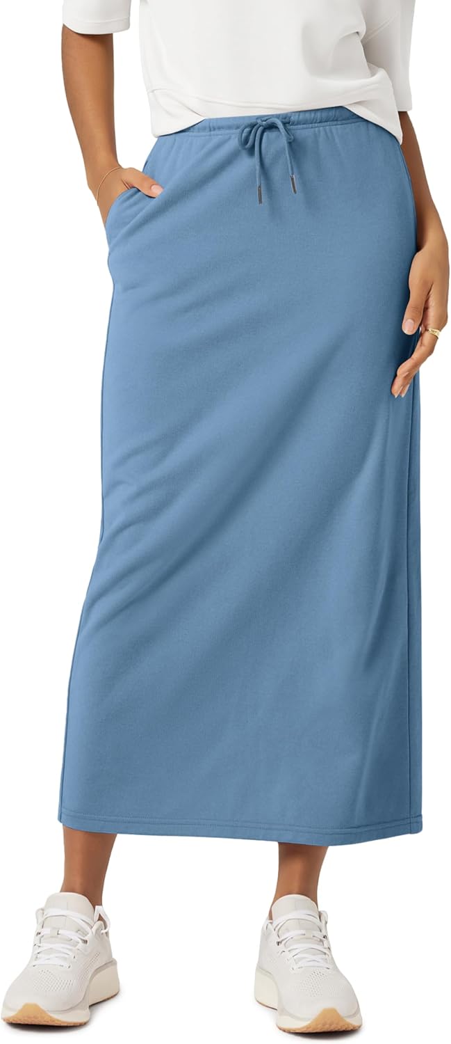 ODODOS Women's Back Split Midi Skirt - Cotton French Terry Drawstring Tie High Waist Casual Long Pencil Skirts with Pockets