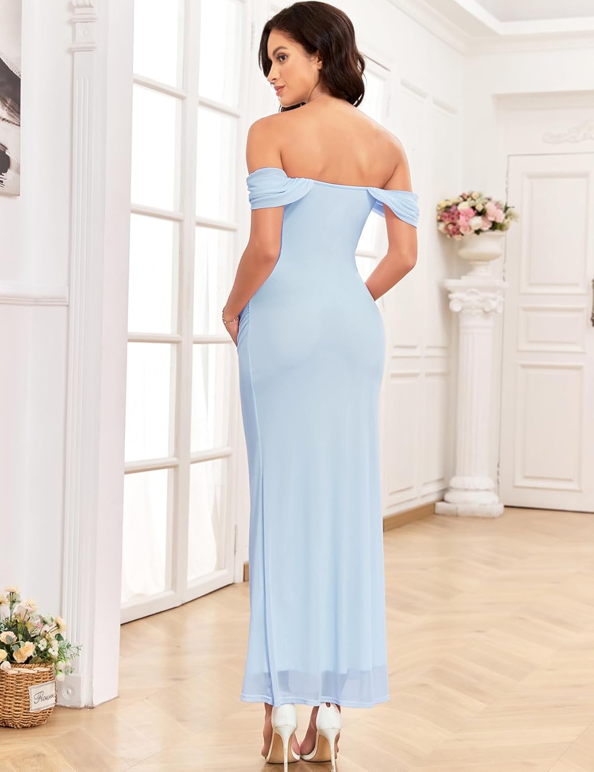 Women's Maternity Off The Shoulder Maxi Dress Mesh Ruched Bodycon Pregnancy Dresses Baby Shower Photoshoot - Image 2