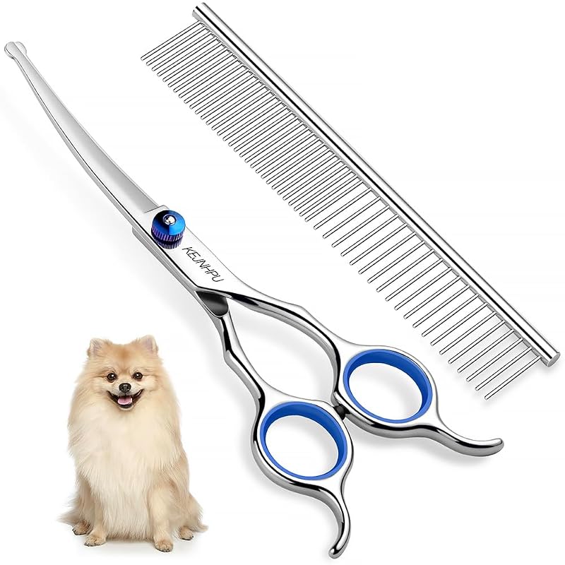 Tesoura curva para tosa de cães com pontas arredondadas KEJNHPU, kit ambidestro com pente e bolsa