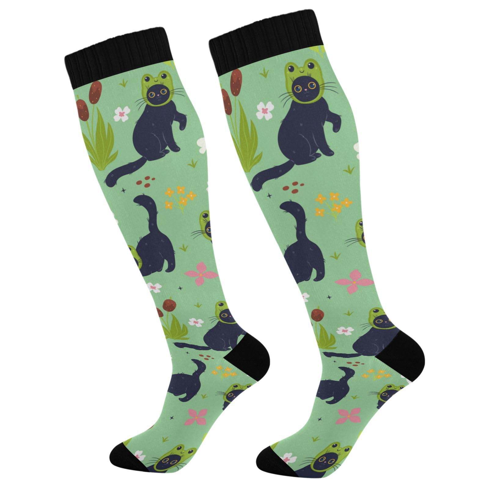 Compression Socks for Men Women Circulation Sport Knee High Socks Support for Athletic Running Hiking Cycling Fitness Travel Nurse Cute Cats Frog Hats Green