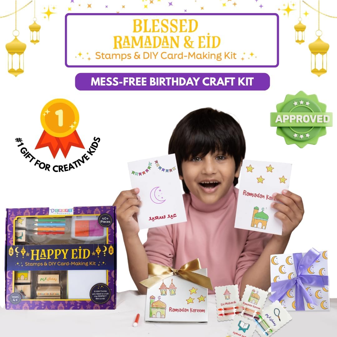 Ramadan & Eid Crafts Set with Stamps DIY Card-Making Kit for Kids 40 Pieces 11 Wooden Stamps, 12 Cards & Envelopes, 5 Pencils, Dual-Color Ink Pad, Ramadan Stickers-Islamic Gifts, Ramadan Decor