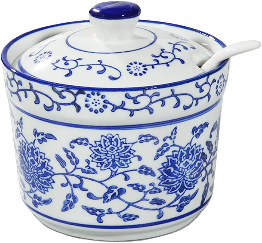 123Arts Ceramic Sugar Bowl Flower Relief Seasoning Jar Spice Jar with Lid and Spoon