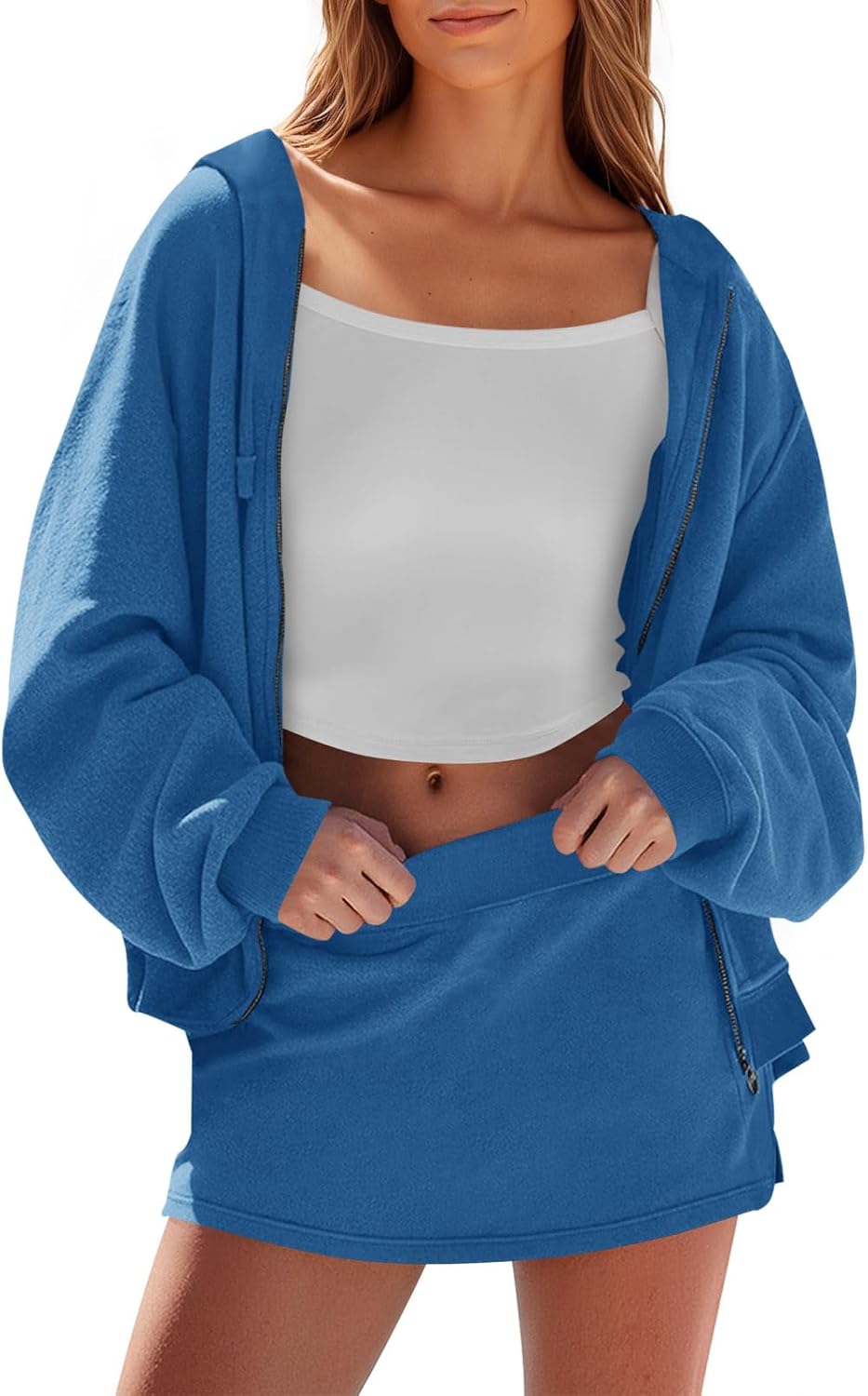 Fisoew Womens Sweatsuits 2 Piece Set Loose Fit Zip Up Skort Set Hoodies Sweatshirt Casual Skorts Fall Tracksuits 2025