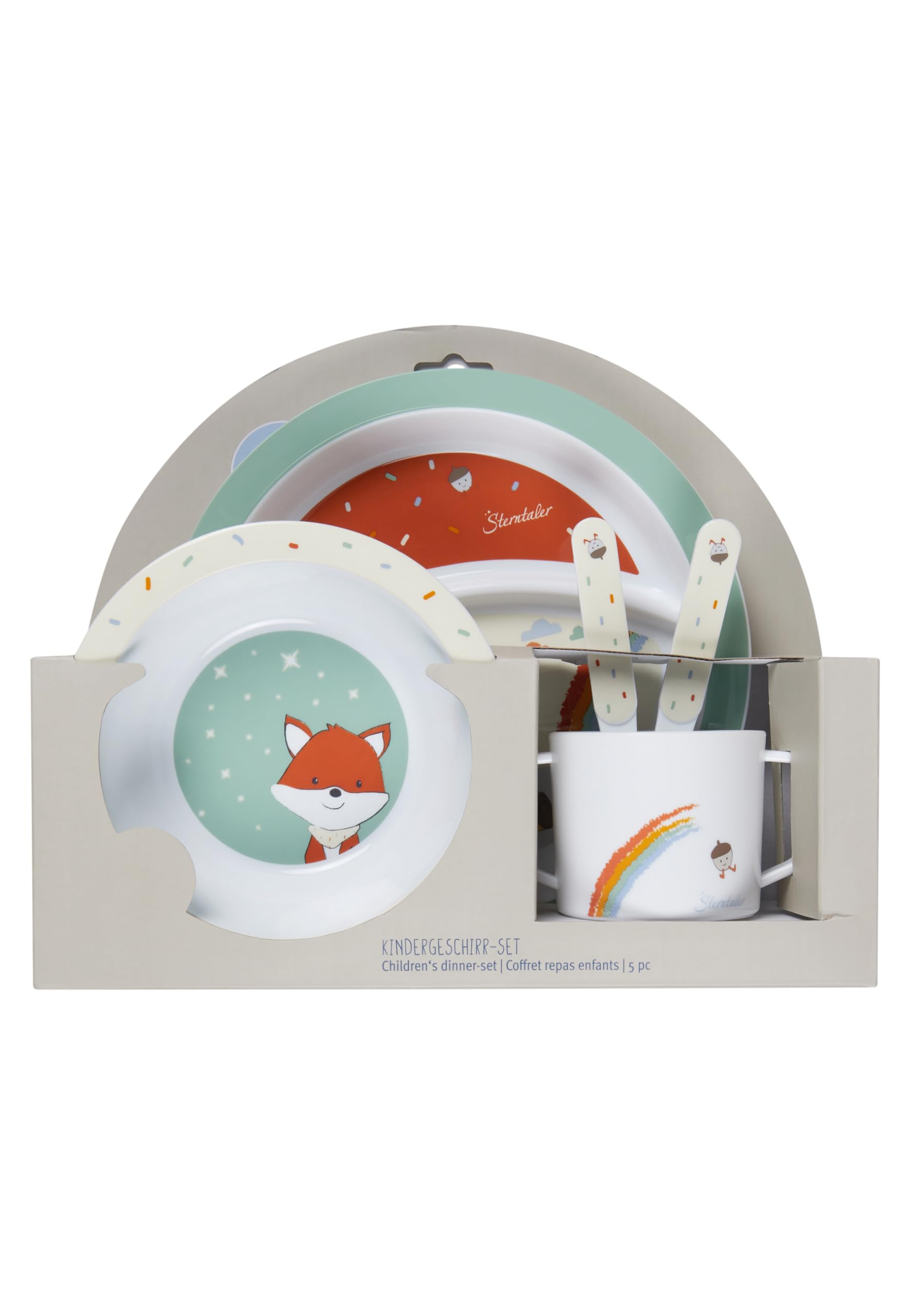 Sterntaler Geschirrset Fuchs Filou - rutschfester Teller mit Unterteilung, Henkeltasse, Breischale, Löffel & Gabel - lebensmittelecht & robust - Geschenkidee für Babys & Kleinkinder, steingrün
