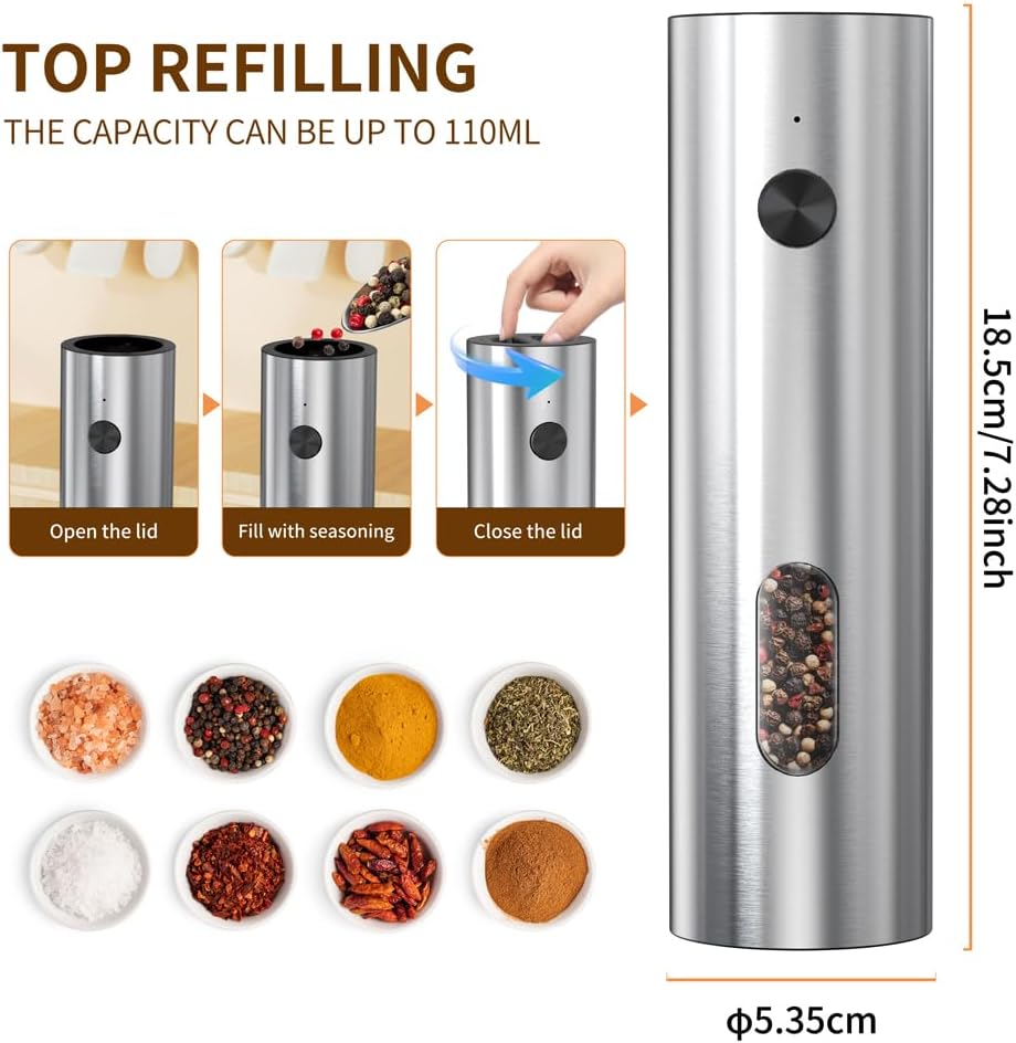 Electric Salt and Pepper Grinder Set with Rechargeable Base, Stainless Steel Automatic Pepper Mill, Large Capacity, Mill Set with LED Light & Adjustable Coarseness, Ideal for Kitchen, Outdoor & BBQ